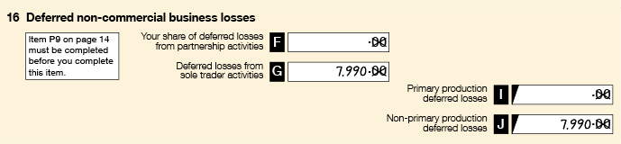 Item 16 filled in with $7,990 at G (deferred losses from sole trader activities), $0 entered into I (Primary production deferred losses) and $7,990 entered into J (Non-primary deferred losses).