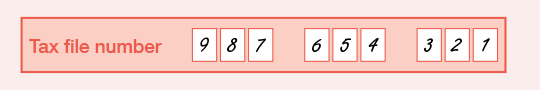 Example of the completed 'Tax file number' field on the PAYG payment summary - employment termination payment form. Each number in written in the individual box.