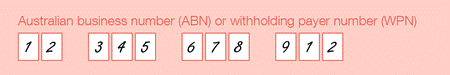 Example of the completed 'Australian business number (ABN) or withholding payer number (WPN)' field of the form. ABN is shown one number to a box. 