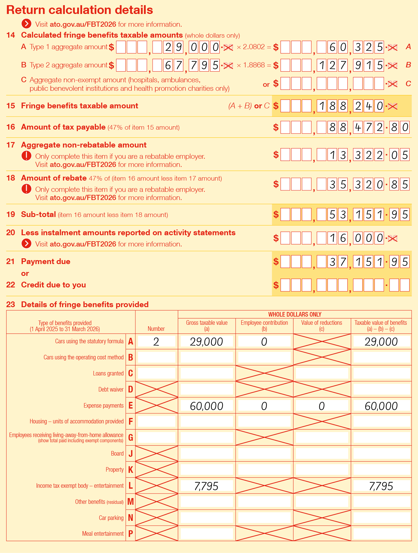 Completed labels 14 to 23 using the information from the rebatable employer return worked example above.
