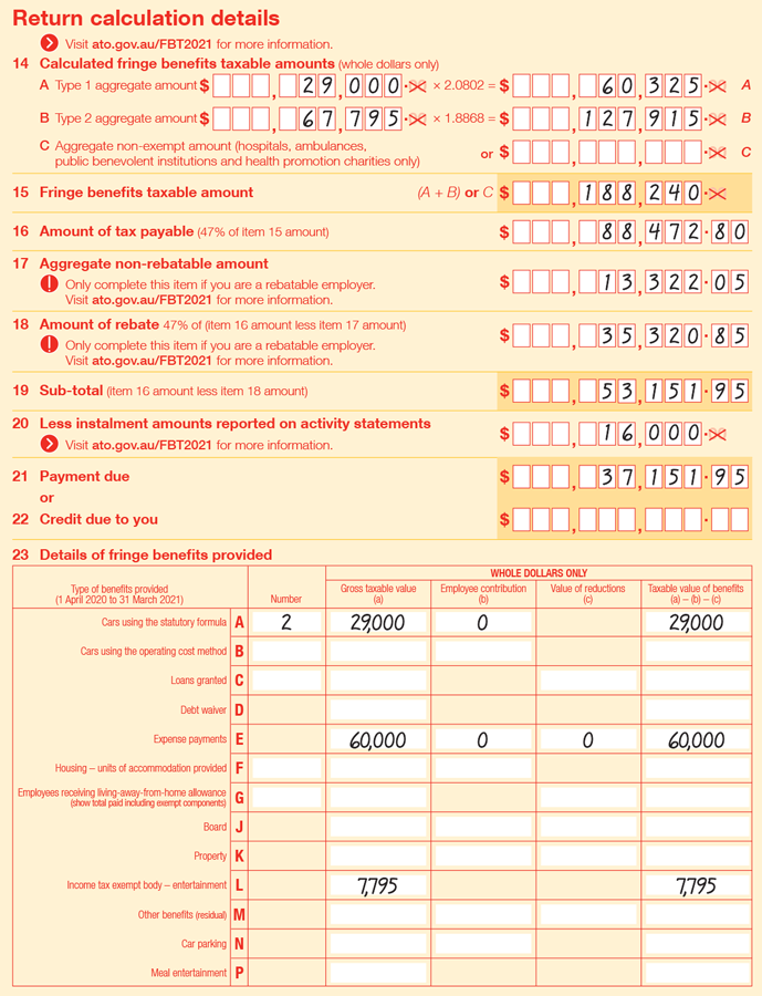 NFP rebatable Extract of Items 14 to 23 of 2021 FBT return: Item 14 A Type 1 aggregate amount is $29,000 × 2.0802 = $60,325 Item 14 B Type 2 aggregate amount is ($60,000 + $7,795) × 1.8868 = $67,795 × 1.8868 = $127,915 Item 14C is left blank Item 15 Fringe benefits taxable amount ((A+B) or C) is $60,325 + $127,915 = $188,240 Item 16 Amount of tax payable (47% of item 15 amount) is 47% × $188,240 = $88,472.80 Item 17 Aggregate non-rebatable amount (only complete this item if you are a rebatable employer. Visit ato.gov.au/FBT2021 for more information) is $13,322.05 Item 18 Amount of rebate (47% of (item 16 amount less item 17 amount) (only complete this item if you are a rebatable employer. Visit ato.gov.au/FBT2021 for more information) is 47% × ($88,472.80 − $13,322.05) = $35,320.85 Item 19 Sub-total (item 16 amount less item 18 amount) is ($88,472.80 − $35,320.85) = $53,151.95 Item 20 Less instalment amounts reported on activity statements (Visit ato.gov.au/FBT2021 for more information) is $16,000 Item 21 Payment due is $37,151.95 Item 22 is left blank Item 23 Details of fringe benefits provided is as follows: 23 A Cars using the statutory formula, number is 2, gross taxable value is $29,000, employee contribution is $0 and taxable value of benefits is $29,000 23 E Expense payments, gross taxable value is $60,000, employee contribution is $0, value of reductions is $0 and taxable value of benefits is $60,000 23 L Income tax exempt body-entertainment, gross taxable value is $7,795 and taxable value of benefits is $7,795.