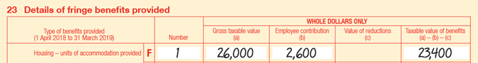 Extract of Item 23 of 2019 FBT return:
• 23F Housing – units of accommodation provided
• Number is 1
• Gross taxable value (a) is $26,000
• Employee contribution (b) is $2,600
• Value of reductions (c) is blank
• Taxable value of benefits is (a) − (b) − (c) is $23,400
