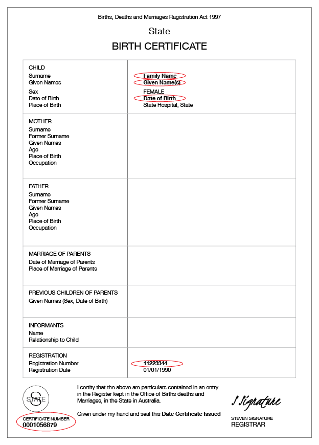 An example of an Australian birth certificate for ACT, SA and NT that shows the Family name, Given name, Date of birth, Registration number and Certificate number circled.