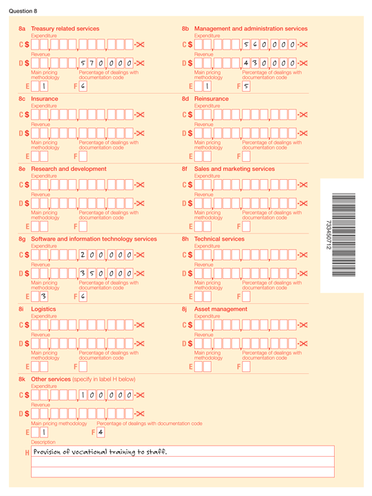 This image is an example of completing question 8. Question 8 8a Treasury related services Label D Revenue: $570,000  8b Maangement and administration services Label D Revenue: $430,000 Label E Main pricing methodology: 1 Label F Percentage of dealings with documentation code: 5  8g Software and information technology services Label C Expenditure: $200,000 Label D Revenue: $350,000 Label E Main pricing methodology: 3 Label F Percentage of dealings with documentation code: 6  8k Other services (specify in label H) Label C Expenditure: $100,000 Label E Main pricing methodology: 1 Label F Percentage of dealings with documentation code: 4 Label H Description: Provision of vocational training to staff. 