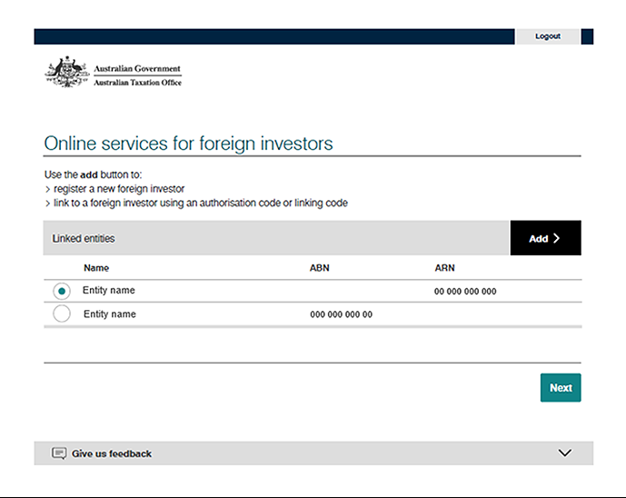 This page will appear when you log in to Online services for foreign investors. From here you can set up access or continue to the home page.