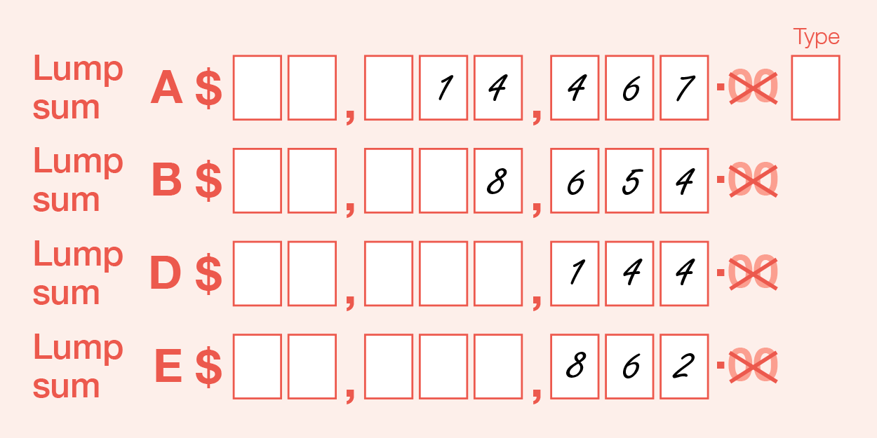 Example of the completed 'Lump sum payments' fields of the form, with one letter per box.