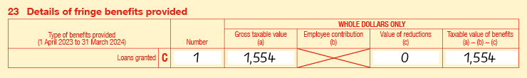 Extract of Item 23 of 2024 FBT return: 23C Loans granted; Number is 1; Gross taxable value (a) is $1,554;  Employee contribution (b) is blank; Value of reductions (c) is $0; Taxable value of benefits is (a) − (b) − (c) is $1,554.
