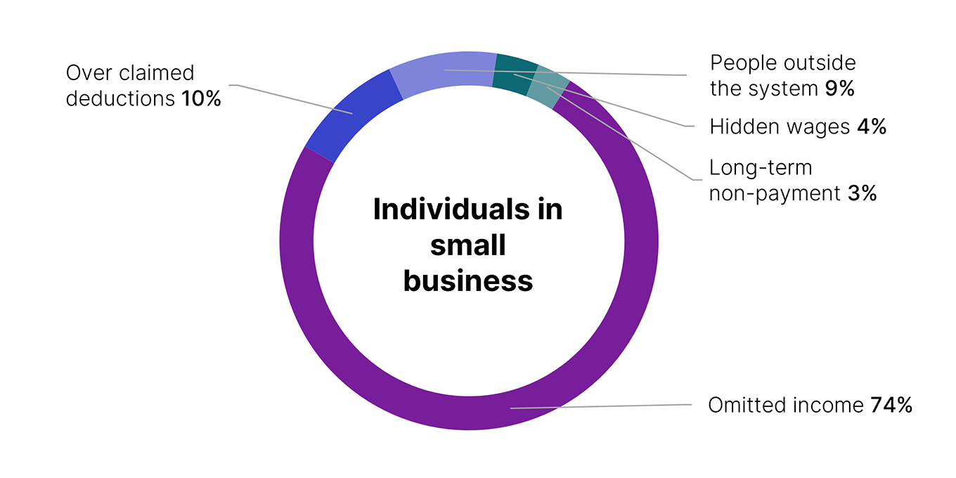 As a proportion of the individuals in business gross gap, 74% is from omitted income, 10% is from overclaimed deductions, 9% is from people outside the system, 4% is from hidden wages and 3% is from long-term non-payment.