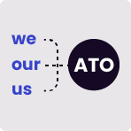 the words 'we, ours and us' feed into a navy circle with the acronym ATO (Australian Taxation Office) on it
