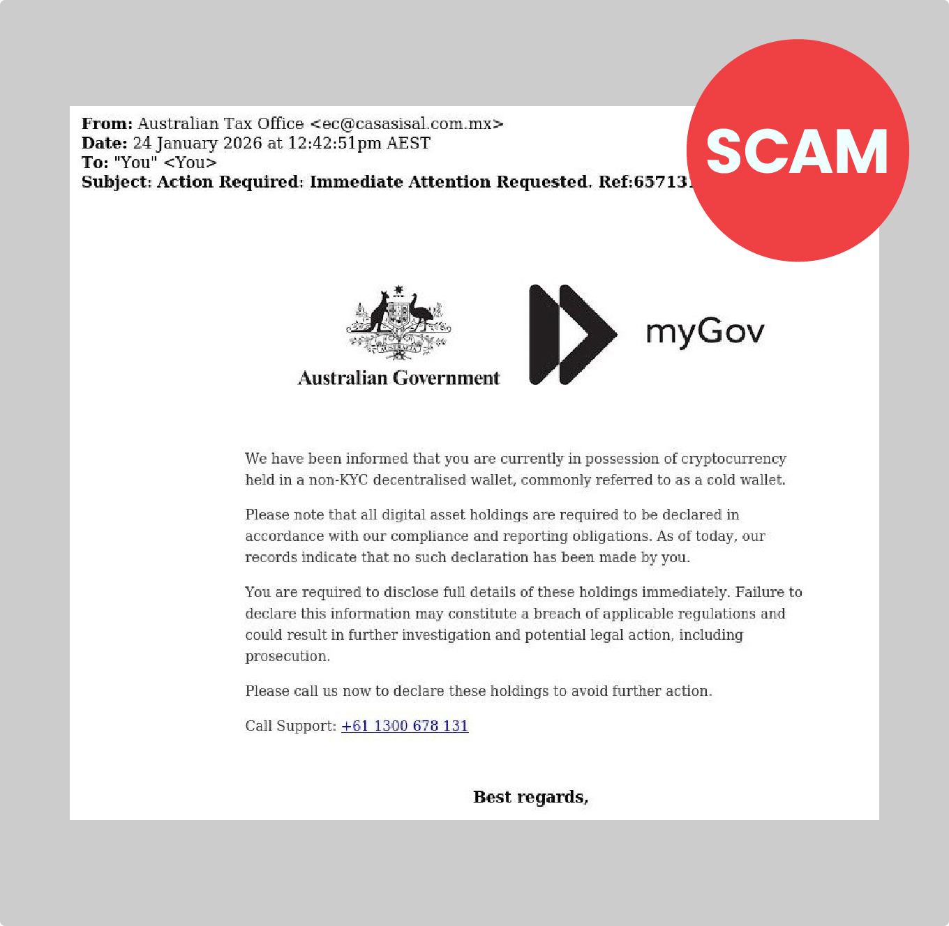 Screenshot of myGov cryptocurrency scam email.