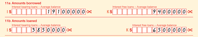 This image is an example showing you how to complete Question 11. Question 11 11a Amounts borrowed Label I Interest bearing loans - Average balance: $19,100,000 Label K Interest free loans - Average balance: $9,400,000 11b Amounts loaned Label I Interest bearing loans - Average balance: $3,850,000 Label K Interest free loans - Average balance: $6,500,000