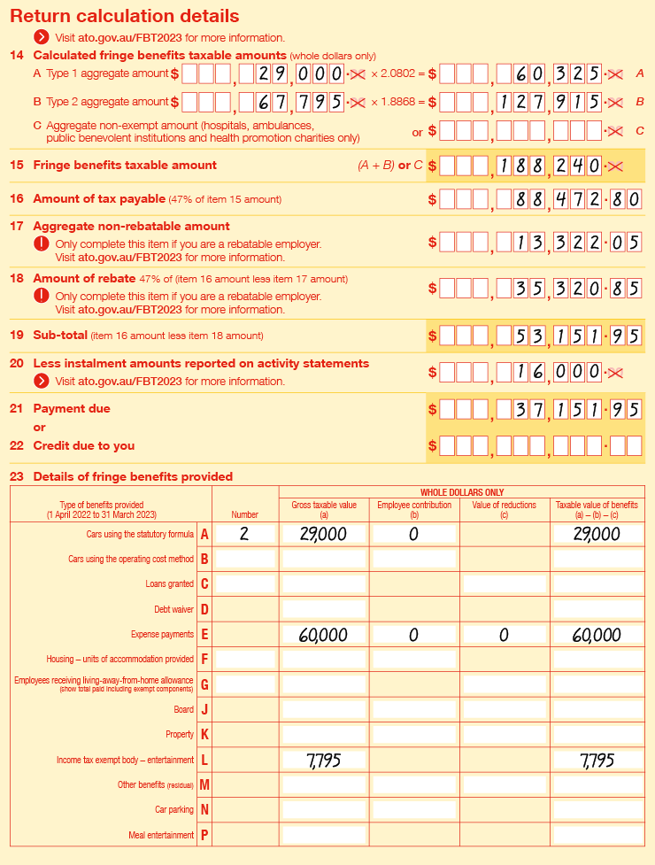 NFP Rebatable Extract of Items 14 to 23 of 2023 FBT return: • Item 14A Type 1 aggregate amount is $29,000 × 2.0802 = $60,325 • Item 14B Type 2 aggregate amount is ($60,000 + $7,795) × 1.8868 = $67,795 × 1.8868 = $127,915 • Item 14C is left blank • Item 15 Fringe benefits taxable amount ((A+B) or C) is $60,325 + $127,915 = $188,240 • Item 16 Amount of tax payable (47% of item 15 amount) is 47% × $188,240 = $88,472.80 • Item 17 Aggregate non-rebatable amount (only complete this item if you are a rebatable employer. Visit ato.gov.au/FBT2023 for more information) is $13,322.05 • Item 18 Amount of rebate (47% of (item 16 amount less item 17 amount) (only complete this item if you are a rebatable employer. Visit ato.gov.au/FBT2023 for more information) is 47% × ($88,472.80 − $13,322.05) = $35,320.85 • Item 19 Sub-total (item 16 amount less item 18 amount) is ($88,472.80 − $35,320.85) = $53,151.95 • Item 20 Less instalment amounts reported on activity statements (Visit ato.gov.au/FBT2023 for more information) is $16,000 • Item 21 Payment due is $37,151.95 • Item 22 is left blank • Item 23 Details of fringe benefits provided is as follows: o 23A Cars using the statutory formula, number is 2, gross taxable value is $29,000, employee contribution is $0 and taxable value of benefits is $29,000 o 23E Expense payments, gross taxable value is $60,000, employee contribution is $0, value of reductions is $0 and taxable value of benefits is $60,000 o 23L Income tax exempt body-entertainment, gross taxable value is $7,795 and taxable value of benefits is $7,795.