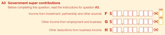 A blank copy of item A3 Government super contributions section of the tax return for individuals. Read A3 Government super contributions in the instructions before completing this item.  Label F Income from investment, partnership and other sources Label G Other income from employment and business Label H Other deductions from business income