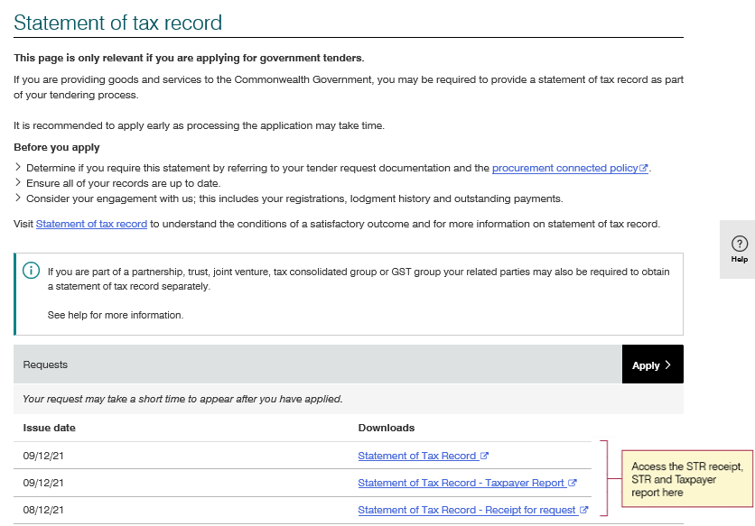 Image of Statement of tax record screen. Access the STR receipt, STR and Taxpayer report from the Requests section located near the bottom of the screen.