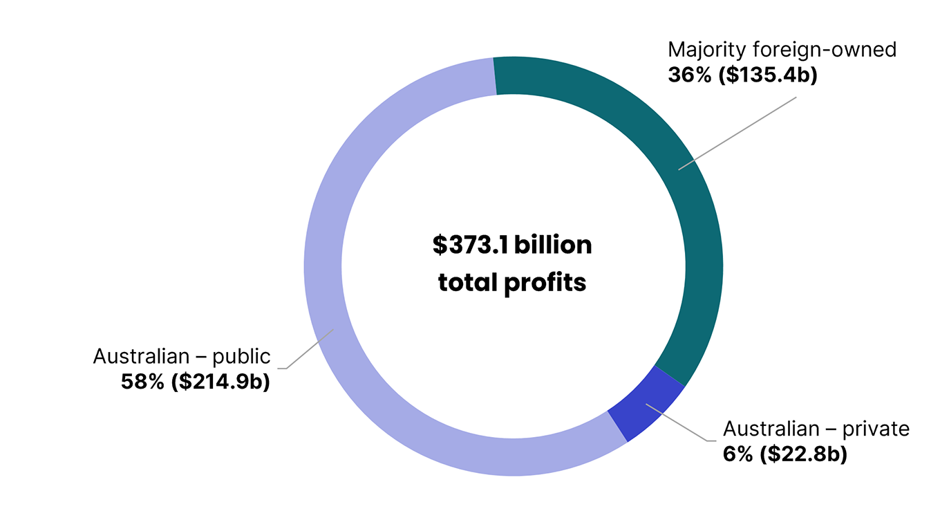 Of the $373.1 billion in total profits, majority foreign-owned businesses accounted for 36% ($135.4 billion), Australian owned private companies accounted for 6% ($22.8 billion), and Australian owned public companies accounted for 58% ($214.9 billion).