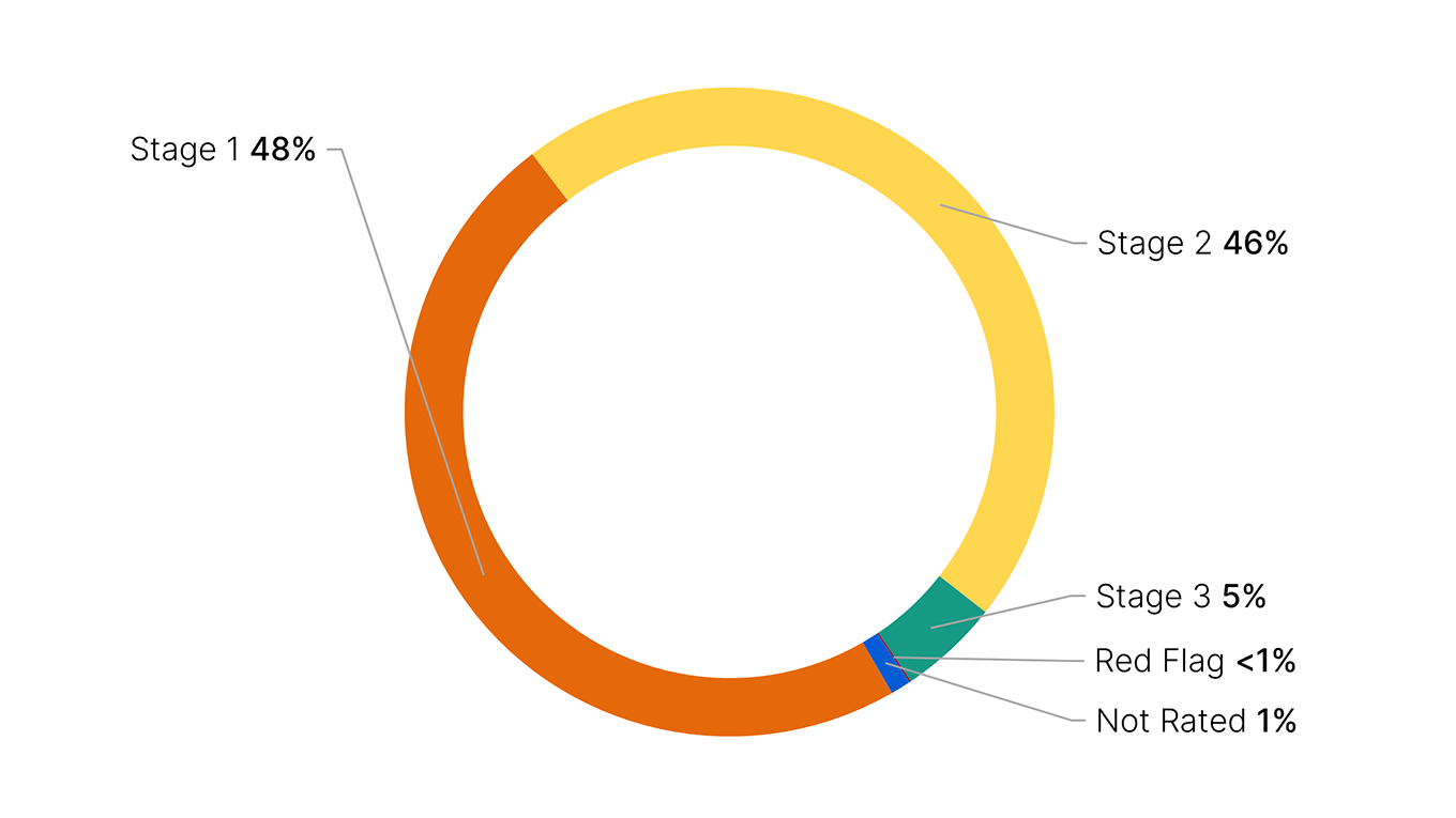 Pie chart shows percentage for each rating: stage 1 48%, stage 2 46%, stage 3 5%, not rated 1%, red flag less than 1%.