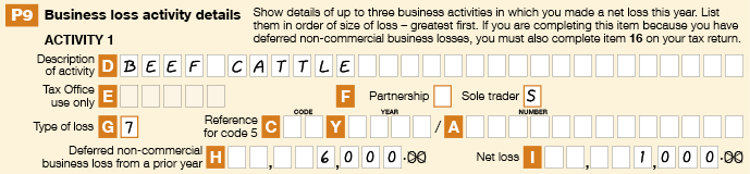 Item P9 filled in with "Beef cattle" at D (description of activity), 7 entered into G (type of loss), $6,000 entered into H (deferred non-commerical business loss from a prior year) and $1000 entered into I (net loss).