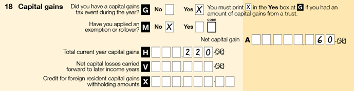 Question 18 Capital gains, Label G Did you have a capital gains tax event during the year is marked X at 'yes', Label M Have you applied an exemption or rollover? is marked X at 'no'. Amount at label A Net capital gain is $60, amount at label H Total current year capital gains is $220.