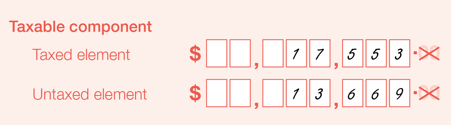 Example of the Taxable component section with $17,553 in the Taxed element field and $13,669 in the Untaxed element field.