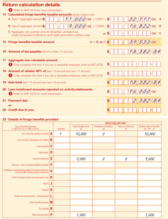 Example of the return calculations of a completed 2013 FBT return
