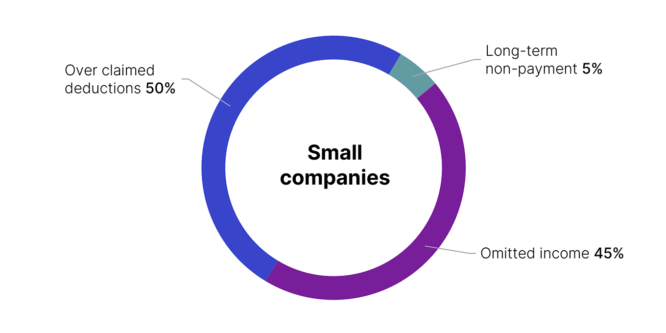 As a proportion of the small companies gross gap, 45% is from omitted income, 50% is from overclaimed deductions and 5% is from long-term non-payment.