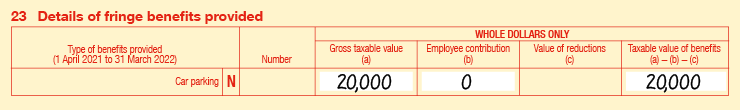 Extract of Item 23 of 2022 FBT return: • 23N Car parking • Number is blank • Gross taxable value (a) is $20,000 • Employee contribution (b) is $0 • Value of reductions (c) is blank • Taxable value of benefits is (a) − (b) − (c) is $20,000 