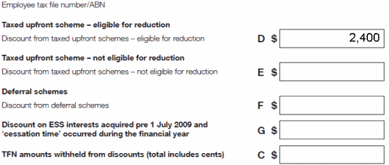 Matt's ESS statementEmployee tax file number or ABNTaxed upfront scheme - eligible for reductionDiscount from taxed upfront schemes - eligible for reduction. Label D: $2,400All other labels left blank.