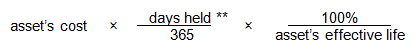 Multiply the asset's cost by the days held divided by 365. Multiply the result by 100% divided by the asset's effective life. Notes on days held to follow.