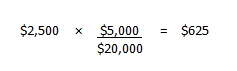 The calculation is $5,000 divided by $20,000. The result is multiplied by $2,500. The outcome of the calculation equals $625.