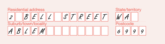 Example of the completed 'Residential address' fields on the PAYG payment summary - employment termination payment form. Fill details in the individuals boxes for each field.
