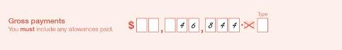 Example of the completed 'Gross payments' field of the form. Gross paymentsare written in whole dollars with one letter per box. 