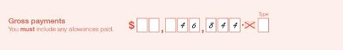 Example of the completed 'Gross payments' field of the form. Gross paymentsare written in whole dollars with one letter per box. 