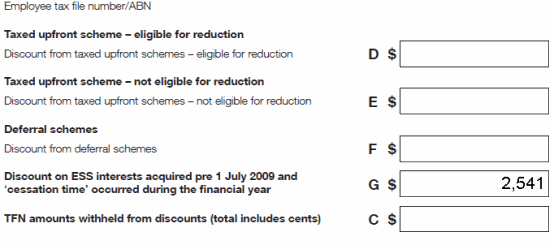 Hilda's ESS statement Discount on ESS interests acquired pre 1 July 2009 and 'cessation time' occurred during the financial year Label G: $2,541 All remaining labels left blank