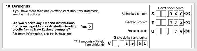 10 Dividends If you have more than one dividend or distribution statement, see pages 3-5 in the instructions. Did you receive any dividend distributions from a managed fund or Australian franking credits from a New Zealand company? Yes See page 3 in the instructions Unfranked amount label S shows $300. Franked amount label T shows $173. Franking credit label U shows $74. Tax file number amounts withheld from dividend label V (show dollars and cents) shows $84.60.