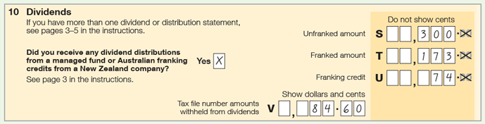 Example of item 10 in the application. Steven says yes to the question: Did you receive any dividend distributions from a managed fund or Australian franking credits from a New Zealand company? Item S Unfranked amount shows $300.00. Item T franked amount shows $173.00. Item U franking credit shows $74.00. Item V TFN amounts withheld from dividend shows $84.60.