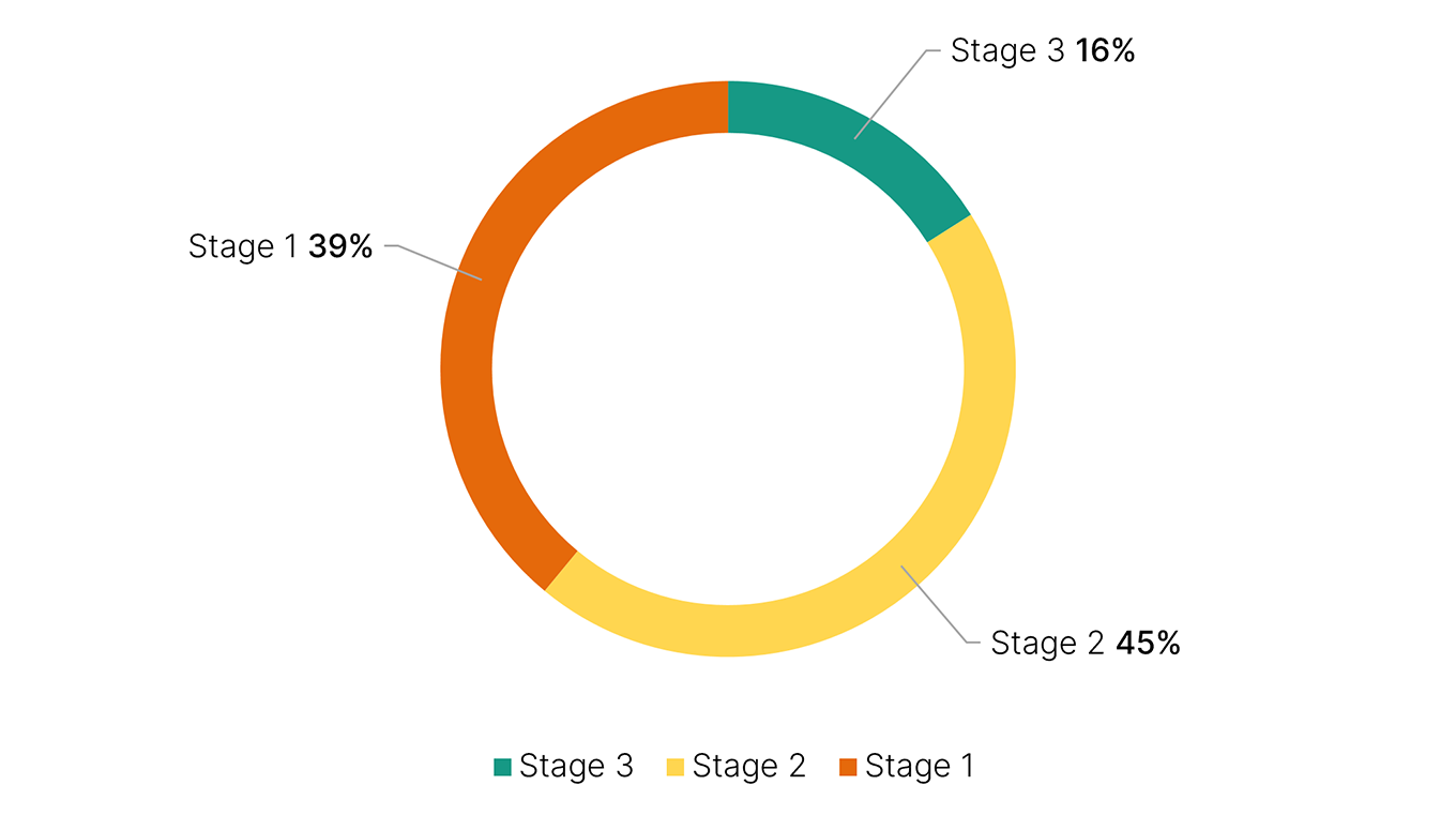 Percentage of governance ratings: stage 3 16%, stage 2 45%, stage 1 39%. 
