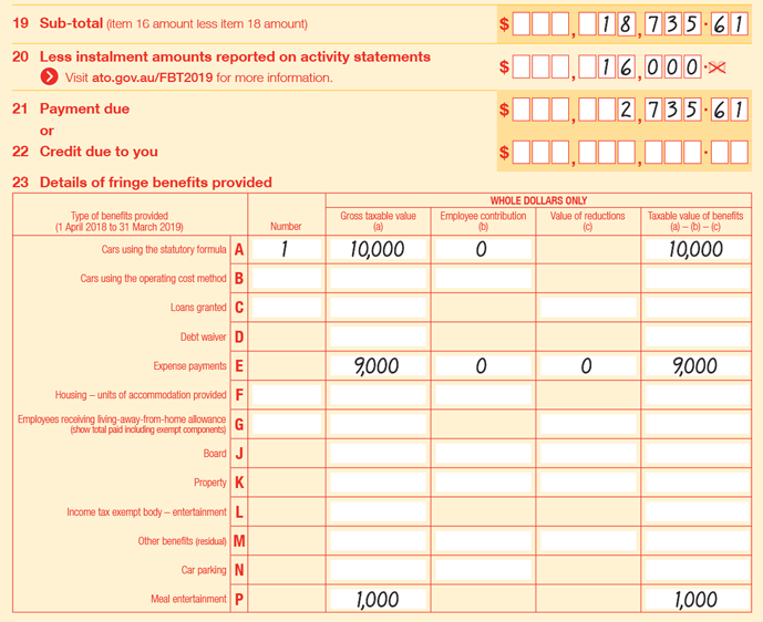 Extract of Items 19 to 23 of 2019 FBT return:
• Item 19 Sub-total (item 16 amount less item 18 amount) is $18,735.61
• Item 20 Less instalment amounts reported on activity statements (Visit ato.gov.au/FBT2019 for more information) is $16,000
• Item 21 Payment due is $2,735.61
• Item 23 Details of fringe benefits provided is as follows:
• 23A Cars using the statutory formula, number is 1, gross taxable value is $10,000, employee contribution is $0 and taxable value of benefits is $10,000.
• 23E Expense payments, gross taxable value is $9,000, employee contribution is $0, value of reductions is $0 and taxable value of benefits is $9,000.
• 23P Meal entertainment, gross taxable value is $1,000 and taxable value of benefits is $1,000.
