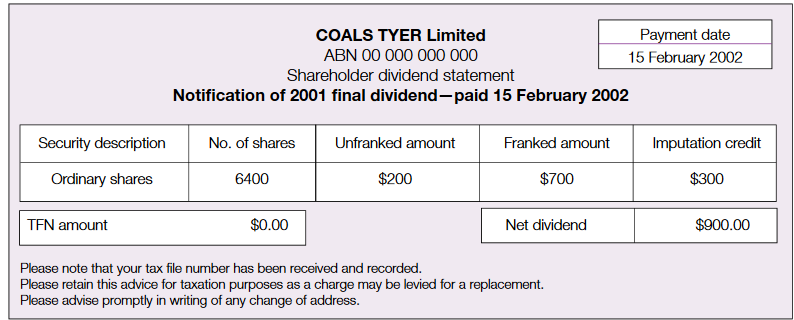 Coals Tyer Limited
ABN 00 000 000 000
Shareholder dividend statement
Notification of 2001 final dividend - paid 15 February 2002
Security description ordinary shares
Number of shares 6,400
Unfranked amount $200
Franked amount $700
Imputation credit $300
TFN amount nil
Net dividend $900
Please note that your tax file number has been received and recorded.
Please retain this advice for taxation purposes as a charge may be levied for a replacement.
Please advise promptly in writing of any change of address.