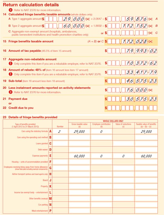 Example of the return calculation details of a completed 2013 FBT return