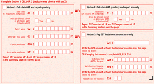 Blank example of paper BAS form for Simpler BAS reporting. Complete Option 1 or 2 or 3 (indicate one choice with an X). Option 1: Calculate GST and report quarterlyOption 2: Calculate GST and report annuallyOption 3: Pay GST instalment amount quarterly. 