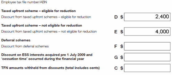 Matt's ESS statementTaxed upfront scheme - eligible for reduction. Discount from taxed upfront schemes - eligible for reductionLabel D: $2,400 Taxed upfront scheme - not eligible for reduction. Discount from taxed upfront schemes - not eligible for reductionLabel E: $4,000All remaining labels left blank