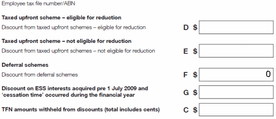 Kathleen's amended ESS statement Deferral schemes. Discount from deferral schemes. Labe F: $0 All remaining labels left blank