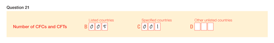 This image shows an example of how to complete Question 21. ■ Number of CFCs and CFTs – Label B Listed countries: 005 – Label C Specified countries: 001 – Label D Other unlisted countriles: nil 