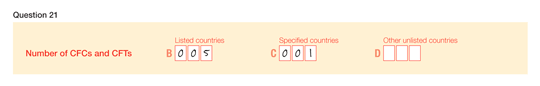 This image shows an example of how to complete Question 21. Question 21 Number of CFCs and CFTs Label B Listed countries: 005 Label C Specified countries: 001 Label D Other unlisted countriles: nil