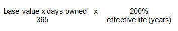 Multiply the 'base value' by the 'days owned' then divide by 365. Then multiply this number by the result of 200% divided by the 'effective life years'.