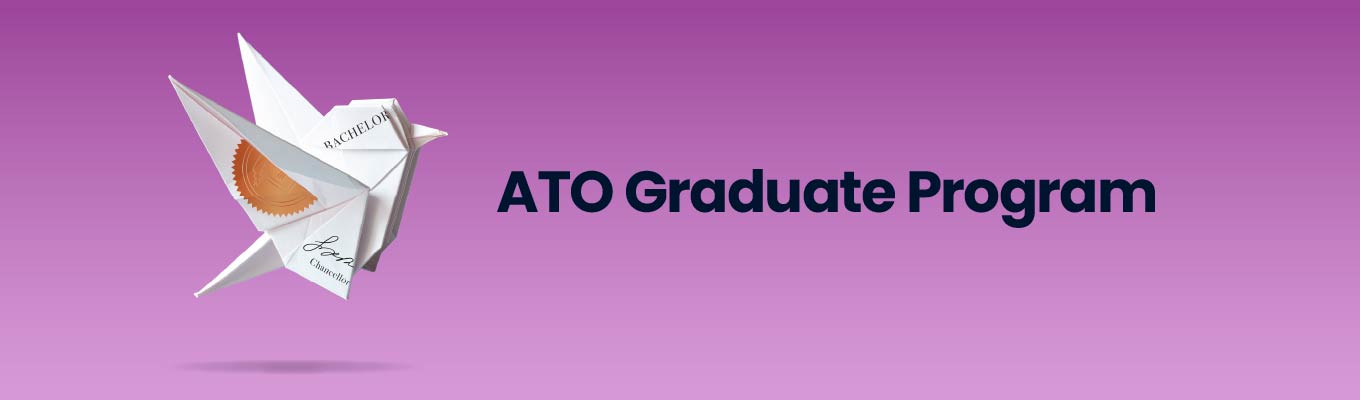 ATO Graduate Program promotional banner showing a white origami bird flying against a purple background, alongside the text ‘Soar with us’ and ‘Where careers take shape.’
