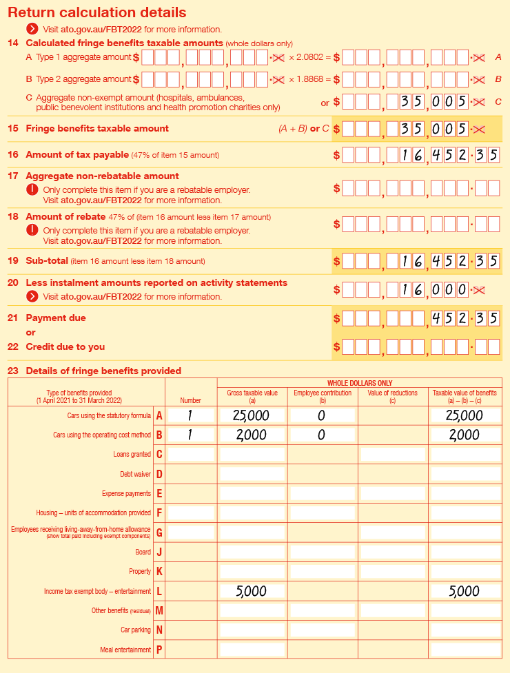 Extract of Items 14 to 23 of 2022 FBT return: • Item 14C Aggregate non-exempt amount (hospitals, ambulances, public benevolent institutions and health promotion charities only) is $35,005 • Item 15 Fringe benefits taxable amount ((A+B) or C) is $35,005 • Item 16 Amount of tax payable (47% of item 15 amount) is $35,005 × 0.47 = $16,452.35 • Item 17 Aggregate non-rebatable amount (only complete this item if you are a rebatable employer. Visit ato.gov.au/FBT2022 for more information) is $0 • Item 18 Amount of rebate (47% of (item 16 amount less item 17 amount) (only complete this item if you are a rebatable employer. Visit ato.gov.au/FBT2022 for more information) is $0 • Item 19 Sub-total (item 16 amount less item 18 amount) is $16,452.35 – 0 = $16,452.35 • Item 20 Less instalment amounts reported on activity statements (Visit ato.gov.au/FBT2022 for more information) is $16,000 • Item 21 Payment due is $16,000 – $16,452.35 = $452.35 • Item 22 is left blank Item 23 Details of fringe benefits provided is as follows: • 23A Cars using the statutory formula, number is 1, gross taxable value is $25,000, employee contribution is $0 and taxable value of benefits is $25,000. • 23B Cars using the operating cost method, number is 1, gross taxable value is $2,000, employee contribution is $0 and taxable value of benefits is $2,000 • 23L Income tax exempt body-entertainment, gross taxable value is $5,000 and taxable value of benefits is $5,000. 