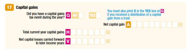 17 Capital gains
G Did you have a capital gains tax event during the year? No or Yes
A Net capital gain
H Total current year capital gains
V Net capital losses carried forward to later income years