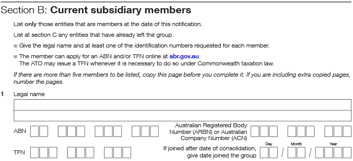 Image shows a portion of the form - Section B: Current subsidiary members.