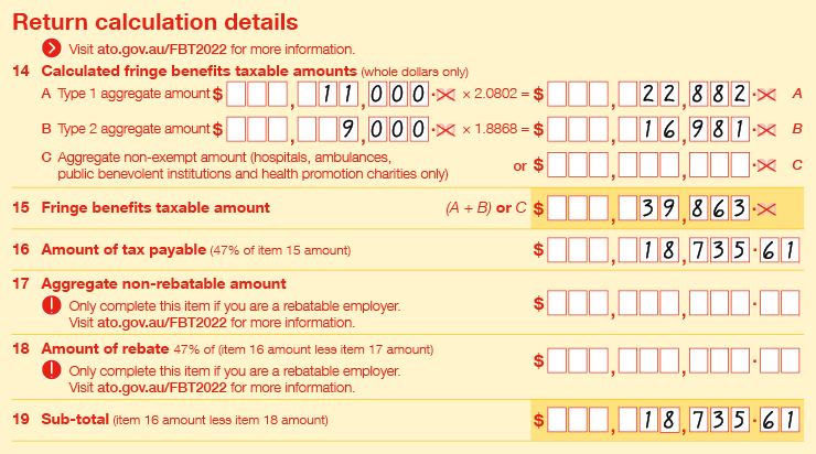 Item 14A-23 Taxable employers Extract of Items 14 to 19 of 2022 FBT return: • Item 14A Type 1 aggregate amount is $11,000 × 2.0802 = $22,882 • Item 14B Type 2 aggregate amount is $9,000 × 1.8868 = $16,981 • Item 15 Fringe benefits taxable amount ((A+B) or C) is $39,863 • Item 16 Amount of tax payable (47% of item 15 amount) is $18,735.61 • Item 17 Aggregate non-rebatable amount (Only complete this item if you are a rebatable employer. Visit ato.gov.au/FBT2022 for more information) is $0 • Item 18 Amount of rebate (47% of (item 16 amount less item 17 amount)(Only complete this item if you are a rebatable employer. Visit ato.gov.au/FBT2022 for more information) is $0 • Item 19 Sub-total (item 16 amount less item 18 amount) is $18,735.61 